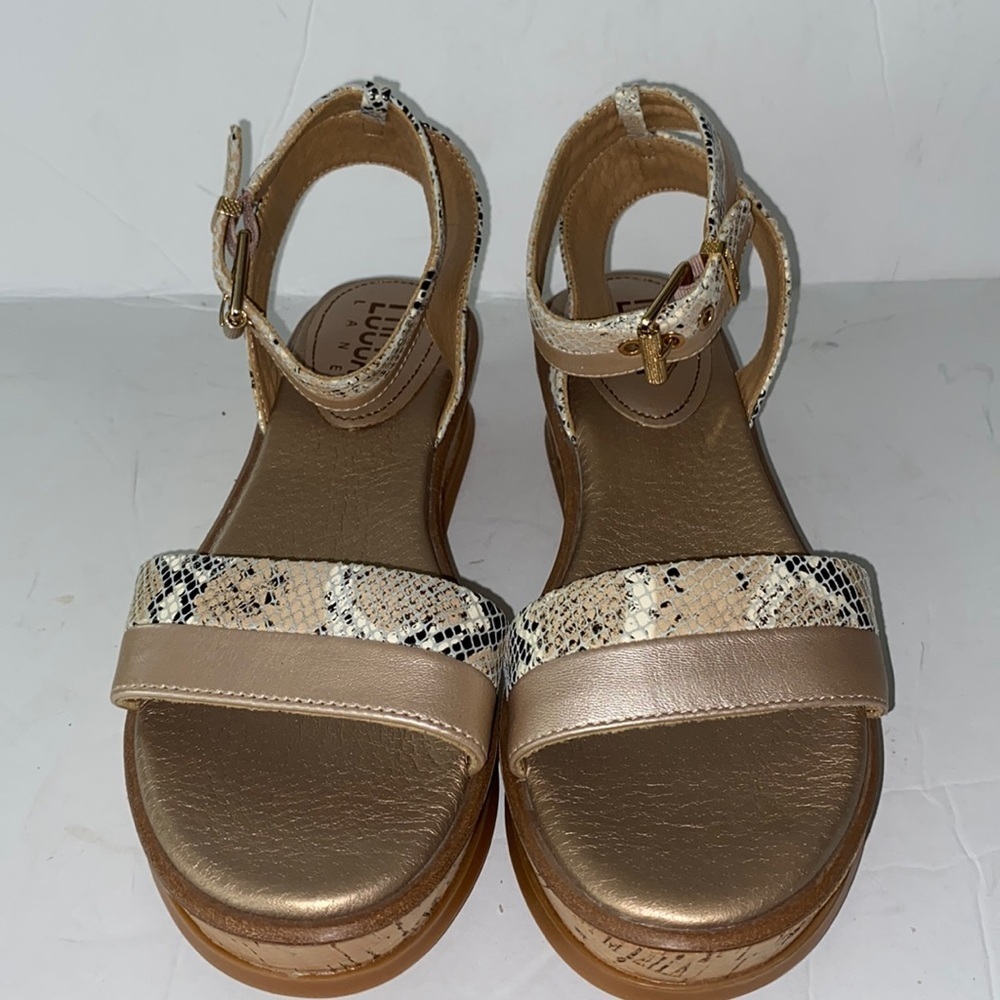 Lucca Lane Karel Leather Snake Print Platform Ankle Strap Sandals